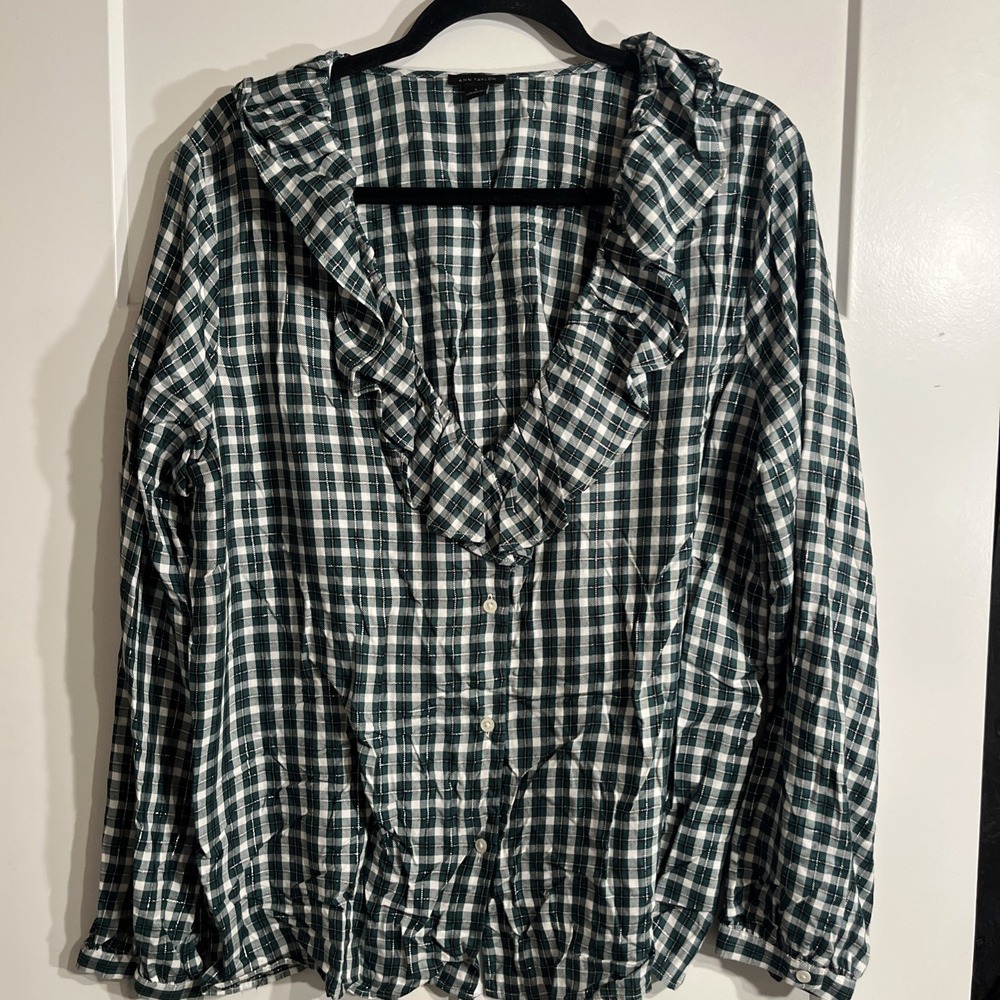 Ann Taylor Ruffle Collar Plaid Blouse Green Silver Metallic VNeck Top Size Large